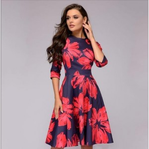 Retro long-sleeved dress floral print slim dress prom party evening multicolor elegant print dress